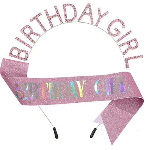 ZHOUHON Geburtstag Kopfschmuck, Geburtstag Schärpe, Mädchen Kristall Tiara, Girls Birthday Party Decorations Set (Silber) (Rosa) von ZHOUHON