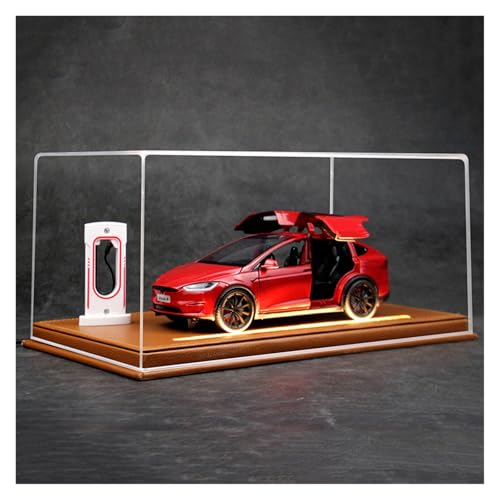 ZHRDWE Modellauto Metall 1:24 Für Tesla Modell X Acryl Transparent Staubdicht Box Auto Modell Spielzeug Bastler Geschenk Sammler Fahrzeug(Rot) von ZHRDWE