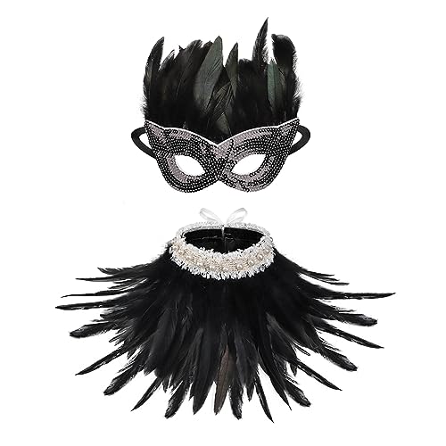 Gothic Federschal Set für Damen, venezianische Federparty, Schwarz, Einheitsgröße Gothic Federschal Set für Damen, venezianische Federparty, Schwarz, Einheitsgröße von ZHSH