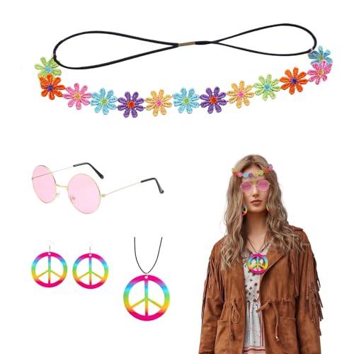 ZHTLTHZ Hippie KostüM Set 5 StüCk, Hippie Brille Damen Herren + Kopfring + Friedenszeichen Halskette + Peace Ohrring, Flower Power Brille Hippie Accessoires Damen Kleidung, 60er 70er Jahre Bekleidung von ZHTLTHZ
