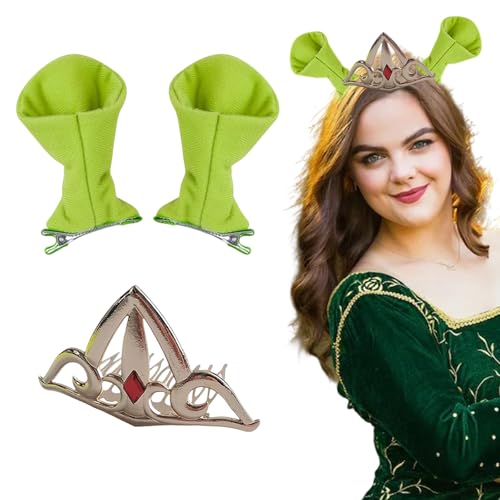ZHUIGUANGZE Grüne Ogerohren Haarspangen und Krone Kopfschmuck Plüsch Tierohren dekorative Kostüm Kopfbedeckung Verkleiden für Frauen Halloween Cosplay Party Zubehör Zubehör Zubehör von ZHUIGUANGZE