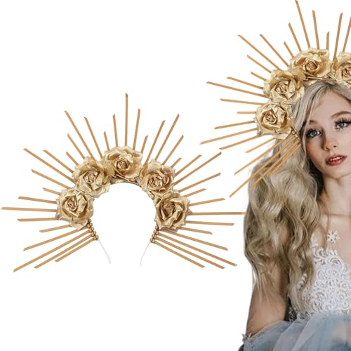 ZHUIGUANGZE Halloween Heiligenschein Krone mit Rosen Sonne Stirnband Spiked Gold Halo Sunburst Kopfschmuck Mexikanischer Tag des Todes Blume Handgemachte Göttin Kopfschmuck für Frauen Cosplay Karneval ZHUIGUANGZE Halloween Heiligenschein Krone mit Rosen Sonne Stirnband Spiked Gold Halo Sunburst Kopfschmuck Mexikanischer Tag des Todes Blume Handgemachte Göttin Kopfschmuck für Frauen Cosplay Karneval von ZHUIGUANGZE