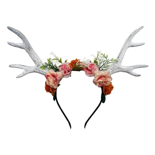ZHUIGUANGZE Hirschgeweih Stirnband mit Rentierhörnern Wald Rose Hirsch Ohren Kopfschmuck für Frauen Halloween Weihnachten Cosplay Party (Weiß, Medium) von ZHUIGUANGZE