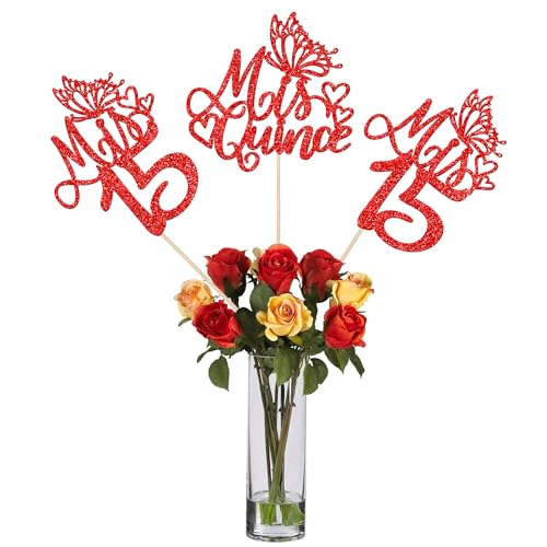 12 Stück Mis 15 Tafelaufsätze mit Glitzerstäbchen, Aufschrift "Happy 15th Birthday", Hello 15 Fabulous Mis Quitte, Blumendekorationen für Prost bis zum 15. Geburtstag, Jahrestag, Party, Tafelaufsatz von ZHUOWEISM