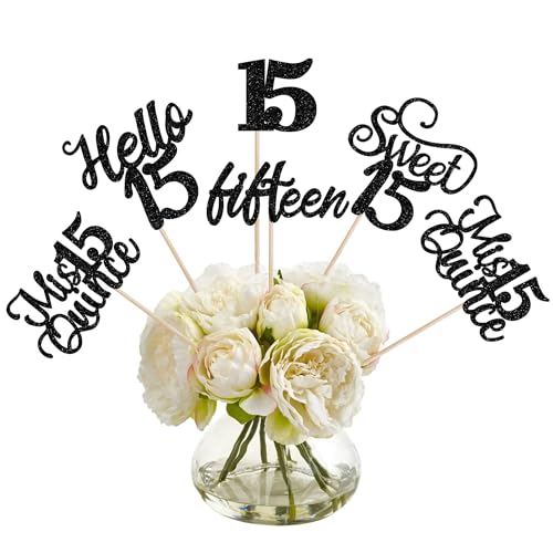 15 Stück Happy 15th Birthday Tafelaufsätze Hello 15 Mis 15 Quitte Blumen Dekorationen 15. Geburtstag Party Dekorationen Schwarz von ZHUOWEISM