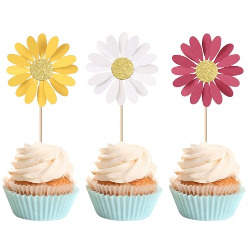 Cupcake-Aufsätze mit Gänseblümchen-Motiv, glitzernd, bunt, Wildblumen, Geburtstagskuchendekorationen, Chrysanthemen-Kuchenspieße für Frühling, Gänseblümchen, Babyparty, Geburtstag, Hochzeit von ZHUOWEISM