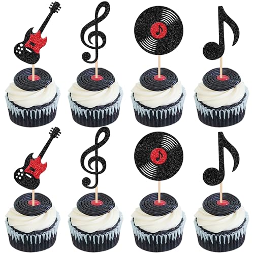 Cupcake-Aufsätze mit Musiknoten, Glitzer-Gitarre, Rock-Cupcake-Picks, Vinyl-Schallplatten-Kuchendekorationen für Retro, Rock-and-Roll-Musikthema, Babyparty, Kindergeburtstag, Party, Kuchendekorationen Cupcake-Aufsätze mit Musiknoten, Glitzer-Gitarre, Rock-Cupcake-Picks, Vinyl-Schallplatten-Kuchendekorationen für Retro, Rock-and-Roll-Musikthema, Babyparty, Kindergeburtstag, Party, Kuchendekorationen von ZHUOWEISM