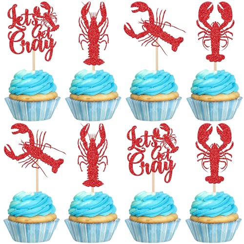 Cupcake-Topper, Motiv: Krebse, roter Glitzer, Let's Get Cray Hummer, Cupcake-Picks, Krebse, Party, Kuchendekorationen für Hummer, Karneval, Babyparty, Geburtstag, Einzelscheidung, Partyzubehör, 24 von ZHUOWEISM