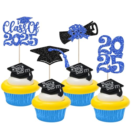 Cupcake-Topper für 2025, Glitzer-Diplom, Congrats Grad, Cupcake-Picks, Klasse 2025, Kuchendekorationen für Schulabschluss, Motto-Party, Kuchendekorationen, Zubehör, Blau, 24 Stück von ZHUOWEISM