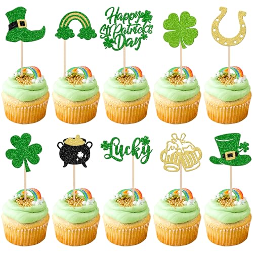 St. Patrick's Day Cupcake-Topper mit Glitzer, vierblättriges Kleeblatt, Cupcake-Picks, Hut, Hufeisen, Regenbogen, St. Patrick's Day, Kuchendekorationen für irische St. Patrick's Day, Partyzubehör, 30 von ZHUOWEISM