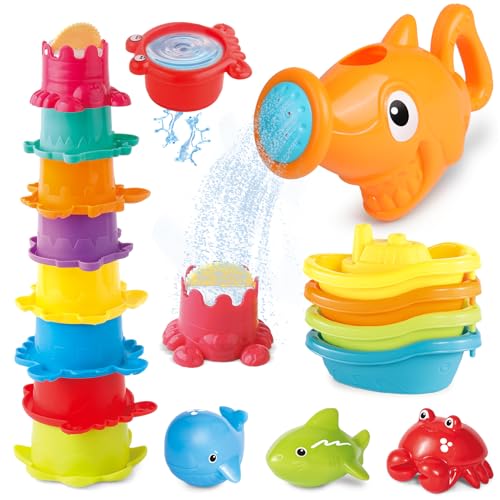 Badespielzeug Baby ab 1+ Jahre, 16 Stück Wasserspielzeug Kinder Badewannenspielzeug Schwimmbad Pool Spielzeug, Schimmelfreies Silikon Wasserspielzeug mit Spritztiere Boote Geschenk für 1 2 3 4 Jahre von ZHUOYOU