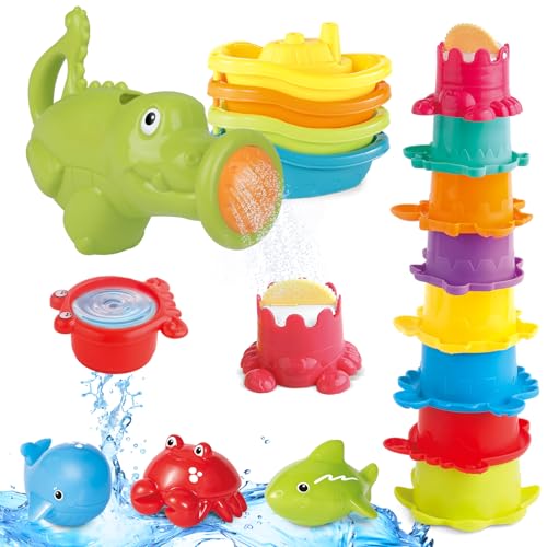 Badewannenspielzeug Set, 16 Stück Badespielzeug Baby ab 12 3 4 Jahr, Wasserspielzeug Kinder Schwimmbad Pool Spielzeug, Gießkanne Stapelbecher Sandspielzeug Geschenk für 6-12 Monate Jungen und Mädchen von ZHUOYOU