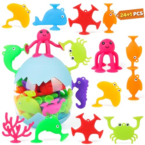 Saugnapf Spielzeug Baby, Kinder Badespielzeug ab 3 Jahre, 24 Stück Montessori Sensorik Silikon Spielzeug, Spielzeug für Flugreisen Kleinkind mit Dinosauriereier, Stressabbau Geschenk für 4 5 6 Jahre von ZHUOYOU