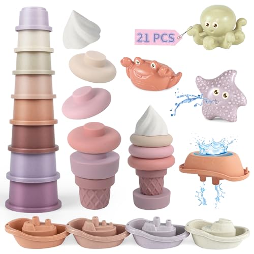 Stapelbecher Speilzeug für 1 Jahr Mädchen, 21 Stück Baby Badespielzeug Set, Wassertisch Pool Strand Spielzeug für 6-12 Monate Kleinkinder, Sandspielzeug Geburtstag Geschenk für Junge Mädchen 2 3 4 von ZHUOYOU