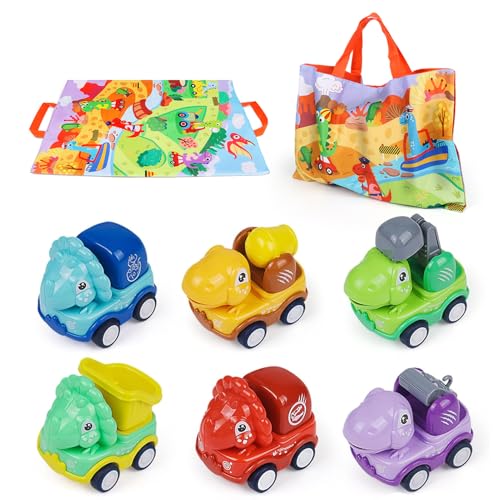 ZHUOYOU Baby Dinosaurierautos, Jungen Dino Auto Spielzeug, Kinder 6 Stück Dinosaurier Spielzeugauto mit Spielmatte und Aufbewahrungstasche, Kleink Geschenke für 1 2 3 Jahre alte Mädchen von ZHUOYOU