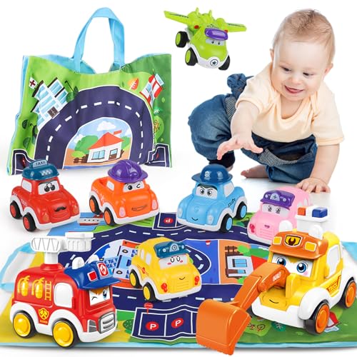 ZHUOYOU Kinder Auto Spielzeug Aufziehauto ab 1 2 Jahr, Baby Drück und Los Auto für Mädchen, Jungen Spielzeug Bagger Feuerwehrauto Geschenkideen 4 Stück von ZHUOYOU