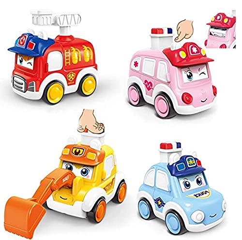 ZHUOYOU Kinder Auto Spielzeug Aufziehauto ab 1 2 Jahr, Baby Drück und Los Auto für Mädchen, Jungen Spielzeug Bagger Feuerwehrauto Geschenkideen 4 Stück von ZHUOYOU