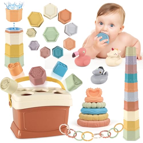 ZHUOYOU Montessori Spielzeug Baby, 5 in 1 Baby Spielzeug für 6-12 Monate, Sensorisches Baby Spielzeug, Motorikspielzeug, Stapelspielzeug Blöcken und Ringen, Geschenk für 1 2 3 Jahr Junge Mädchen von ZHUOYOU
