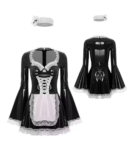 ZHUWWQPINGIKERKRW Damen-Mädchen-Cosplay-Kostüm, V-Ausschnitt, langes Schnür-Dienstmädchenkleid mit Kopfbedeckung, Rollenspiel-Kleidung, Schwarz, Größe XXL von ZHUWWQPINGIKERKRW