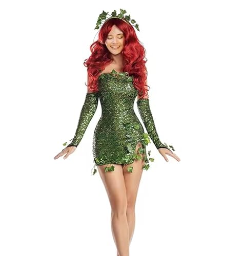 ZHUWWQPINGIKERKRW Damenkostüm Bösewicht Cosplay Kleid Set Halloween Grün Efeu Kostüm Paillettenkleid, Grün, XL von ZHUWWQPINGIKERKRW