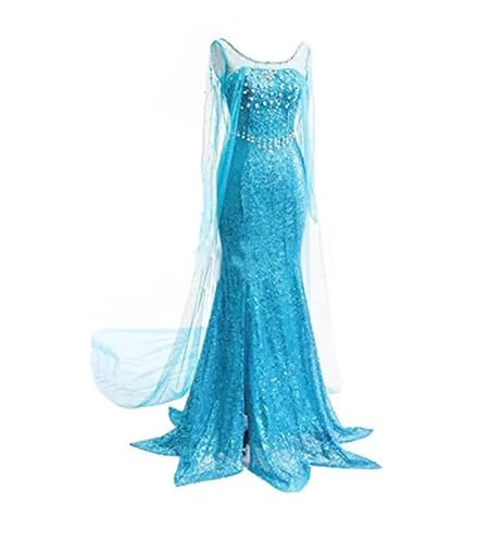 ZHUWWQPINGIKERKRW Langes Kleid mit Paillettennetz, Kostüm, für Erwachsene, Schneekönigin, Halloween, Karneval, Cosplay, Blau, Größe XL von ZHUWWQPINGIKERKRW