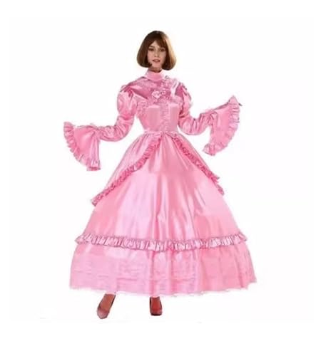 ZHUWWQPINGIKERKRW Pink French Maid Langarm Kleid abschließbar Satin Cosplay Halloween Kostüm Partykleid Rosa XL von ZHUWWQPINGIKERKRW