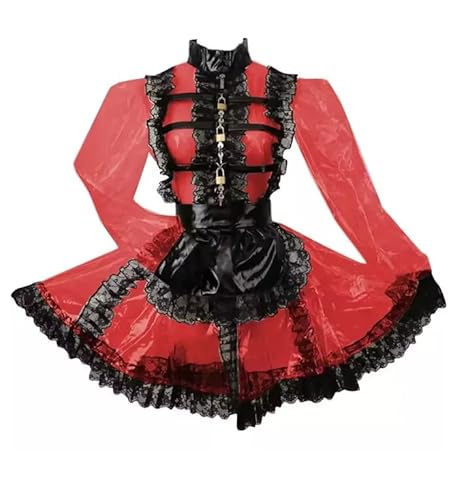 ZHUWWQPINGIKERKRW Rotes PVC-Spitzenkleid mit hohem Halsausschnitt, abschließbar, Perspektiveneffekt, Dienstmädchen, Cosplay, Weihnachtskostüm, Rot, S, Rot von ZHUWWQPINGIKERKRW