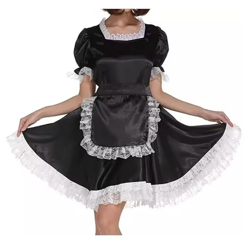 ZHUWWQPINGIKERKRW Sissy Girl schwarzes Satinkleid, abschließbar, französisches Dienstmädchen-Cosplay-Kostüm, personalisierbar, Schwarz, Größe M von ZHUWWQPINGIKERKRW