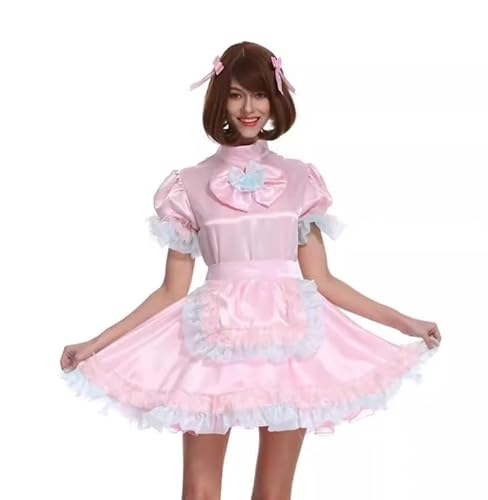 ZHUWWQPINGIKERKRW Sissy Pinkes Satinkleid, abschließbar, Dienstmädchen, Cosplay, maßgeschneidert, Rosa, XXXL von ZHUWWQPINGIKERKRW