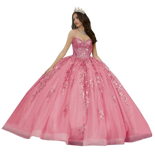 ZHengquan Glitzernde Pailletten-Prinzessin Quinceanera Kleider mit Schleife, Spaghettiträgern, Puffy, Ballkleid, glitzernd, süß, 16 Kleider, Hot Pink, 12 von ZHengquan