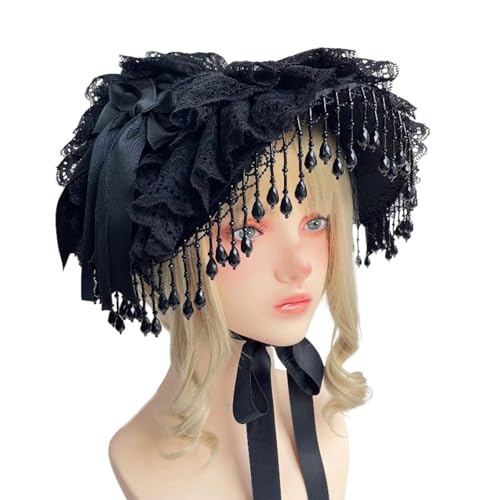 ZIDDAR Punk Spitze Motorhaube Anime Maid Kopfstück Mit Verstellbaren Hals Bindungen Schwarze Quastenverkleidung Für Frauen Rollenspiel Kostüm von ZIDDAR