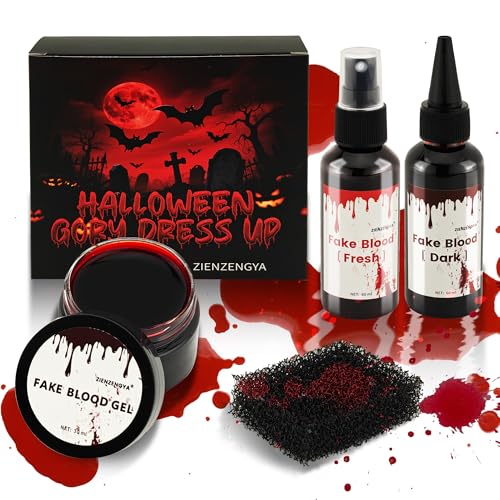 ZIENZENGYA Kunstblut Halloween, 60ml Künstliches Frisches Blut, 60ml dunkelrotes TheaterBlut, 30ml Geronnenes Blutplasma, 1Pcs Schwamm, Fake Blood, Auswaschbar für Halloween Zombie Vampir Wunde ZIENZENGYA Kunstblut Halloween, 60ml Künstliches Frisches Blut, 60ml dunkelrotes TheaterBlut, 30ml Geronnenes Blutplasma, 1Pcs Schwamm, Fake Blood, Auswaschbar für Halloween Zombie Vampir Wunde von ZIENZENGYA