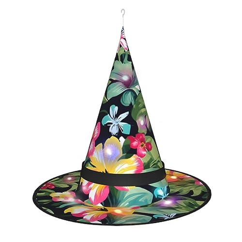 ZISHAK Hawaiianischer Blumendruck, Halloween-Hexenhut, beleuchtetes Accessoire, perfekt für Partys und Rollenspiele von ZISHAK
