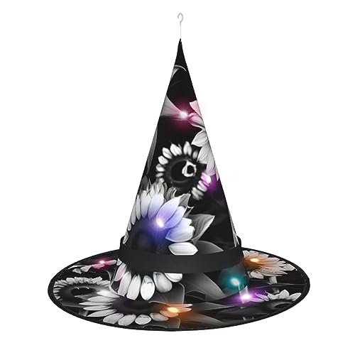 ZISHAK Schwarz-weiße Sonnenblumen-Halloween-Hexenhut, beleuchtetes Accessoire, perfekt für Partys und Rollenspiele von ZISHAK