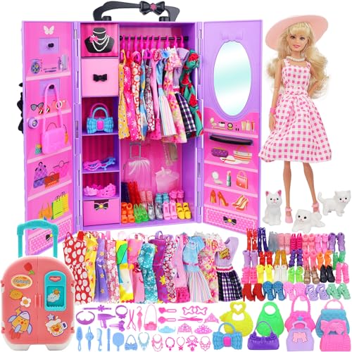 ZITA ELEMENT 83 Stück Puppen & Zubehör mit lila Schrank Kleiderschrank für 29,1 cm Puppen Dress Up Set inklusive Kleiderschuhen, Geldbörse, Kleiderbügel, Bürste, Halskette, Haustier und anderes von ZITA ELEMENT