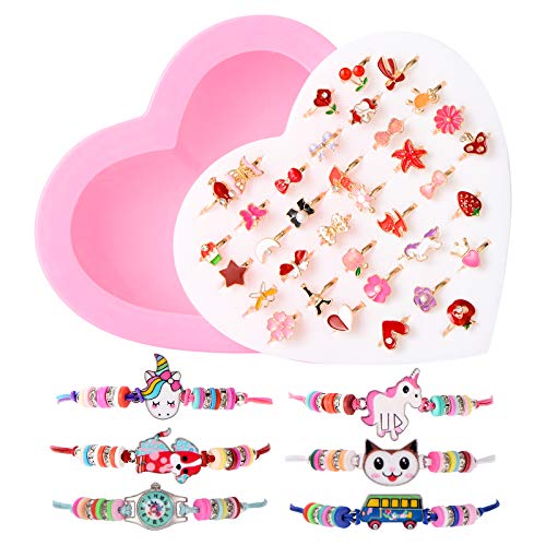 ZITFRI 42 Stück Kinderringe Mädchen mit Herzform Vitrine Freundschaftsarmband - Verstellbar Ringe für Mädchen Freundschafts Armbänder Kinderschmuck Gastgeschenke für Kinder Geburtstag Party Favors von ZITFRI