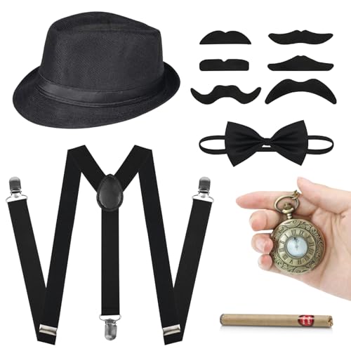 ZITUZY 20er Jahre Accessoires Herren, Mafia Carnival Costume, 20er Jahre Accessoires, Panamahut Taschenuhr Fliege Hosenträger Bärte, Herren Kostüm Set ZITUZY 20er Jahre Accessoires Herren, Mafia Carnival Costume, 20er Jahre Accessoires, Panamahut Taschenuhr Fliege Hosenträger Bärte, Herren Kostüm Set von ZITUZY
