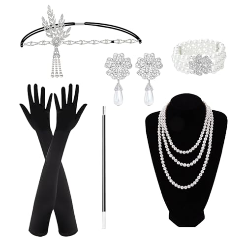 ZITUZY 6 Teiliges 20er Jahre Accessoires, Great Gatsby Accessoires Damen, mit Flapper Stirnband Schwarze Handschuhe Perlenkette Ohrringen Armband Handheld-Requisiten von ZITUZY