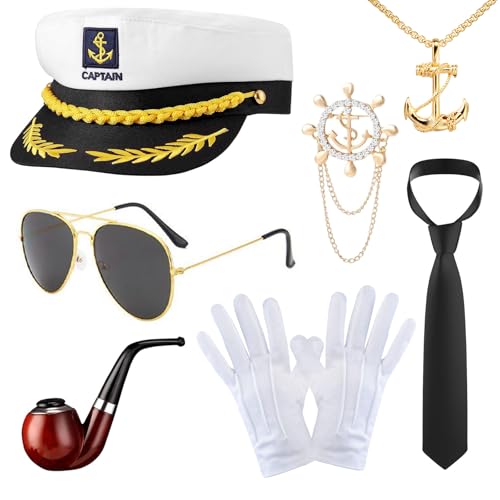 ZITUZY 7 Stücke Kapitänsmütze für Erwachsene, Kapitänsmütze Kostüm Set, Yacht Kapitän Hut Kapitänsmütze Kostüm Set, für Erwachsene, Frauen, Männer, Karneval, Mottoparty, Cosplay ZITUZY 7 Stücke Kapitänsmütze für Erwachsene, Kapitänsmütze Kostüm Set, Yacht Kapitän Hut Kapitänsmütze Kostüm Set, für Erwachsene, Frauen, Männer, Karneval, Mottoparty, Cosplay von ZITUZY