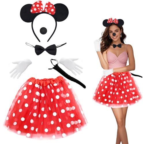 Damen Maus Mouse Kostüm, Rote Tutu mit Weiß Gepunkte + Roter Schleife Maus Ohren Haarreifen + Handschuhe + Nase + Fliege + Schwanz, Kinder Cartoon-Maus Cosply Kostüm für Karneval, Mottoparty (Aldult) von ZITUZY