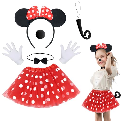 ZITUZY Damen Maus Mouse Kostüm, Rote Tutu mit Weiß Gepunkte + Roter Schleife Maus Ohren Haarreifen + Handschuhe + Nase + Fliege + Schwanz, Kinder Cartoon-Maus Cosply Kostüm für Karneval, Mottoparty von ZITUZY