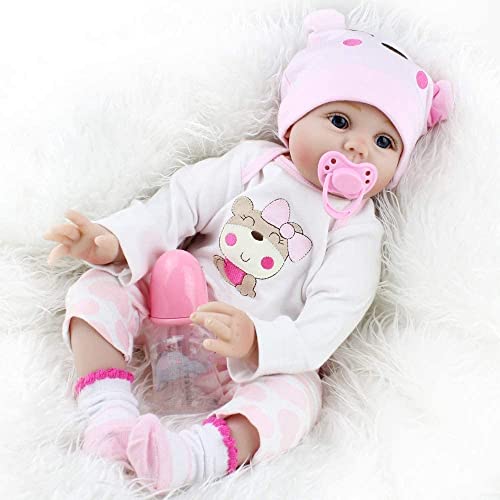 Lebensecht Reborn Babys Doll Puppen Silikon Mädchen WiederGeboren Reborn Babypuppen Rosa Bär Outfit Realistische 55 cm Puppe Kinder Spielzeug 22 Zoll von ZIYIUI