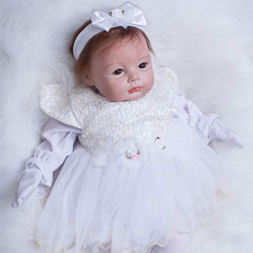 ZIYIUI 22" 55cm Puppe Reborn Babys Mädchen Weich Vinyl Silikon Babypuppen Mädchen Tragendes Weiß Kleid des Mädchens Dolls von ZIYIUI