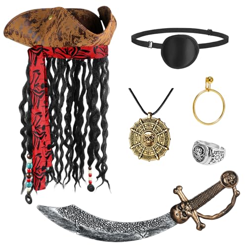 ZIZWO Piratenkostüm-Zubehör für Erwachsene, Halloween-Piraten-Outfit-Set, Hut mit Dreadlocks, Augenklappe, Ohrringe, Totenkopf-Halskette, Kunststoffmesser, Silberring für Männer und Frauen, Cosplay, 6 ZIZWO Piratenkostüm-Zubehör für Erwachsene, Halloween-Piraten-Outfit-Set, Hut mit Dreadlocks, Augenklappe, Ohrringe, Totenkopf-Halskette, Kunststoffmesser, Silberring für Männer und Frauen, Cosplay, 6 von ZIZWO