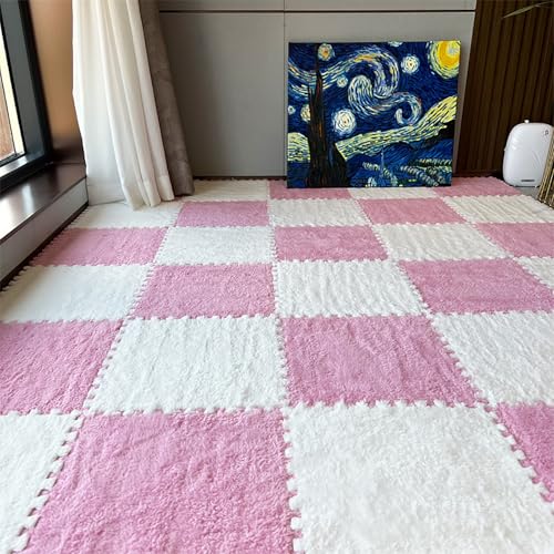 Ineinandergreifende Schaumstoffmatten, Plüsch-Bodenmatten, Erkerfensterkissen, Schaumstoffmatte mit Rand, weiche Matte für Übungen, Yoga, Spielzimmer (11,9 x 11,9 x 0,2 Zoll (14 Stück), Rosa und Bl von ZJHAHJY