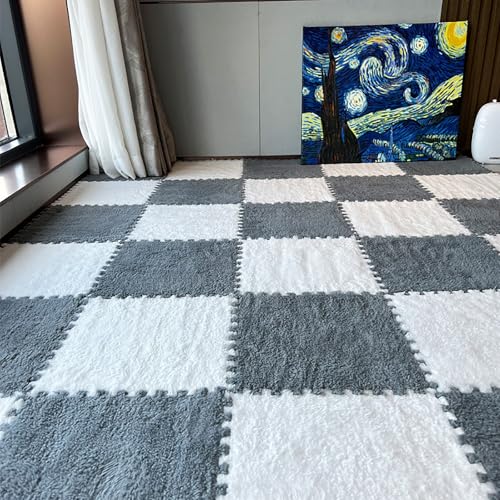 Verbindende Schaumstoffmatten, Plüsch-Puzzle-Matten, Erkerschäummatten mit Kanten, weiche Matten für Training, Yoga, Spielzimmer (11,9 x 11,9 x 0,2 cm (14 Stück), grau + weiß) von ZJHAHJY
