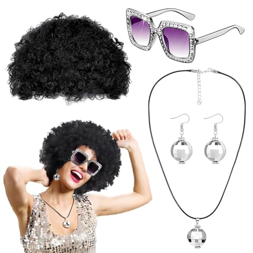 4 Stück 60er 70er Jahre Perücke Disco Damen Set,Hippie Mode Afro Perücke,Hippie Perücken Kostüm Zubehör Set,Disco Halskette,Disco Ohrringe,Für Motto Party Cosplay Halloween Fasching Karneval (Silber) 4 Stück 60er 70er Jahre Perücke Disco Damen Set,Hippie Mode Afro Perücke,Hippie Perücken Kostüm Zubehör Set,Disco Halskette,Disco Ohrringe,Für Motto Party Cosplay Halloween Fasching Karneval (Silber) von ZJILIXIA