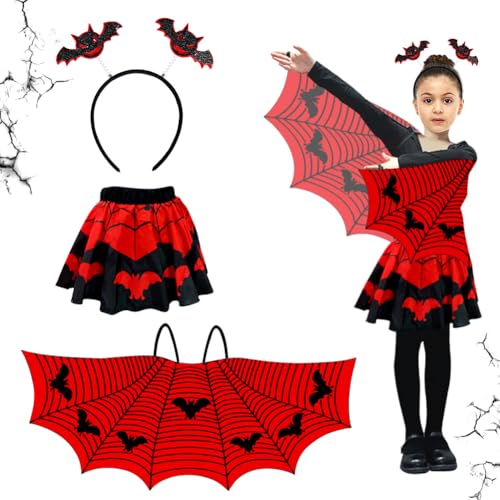 Halloween Fledermaus Kostüm Kinder,Hexe Skeleton Schläger Kostüm Für Mädchen Mit Flügel,Haarreif, Tütü,Halloween Costume Kinder Spinne,Für Karneval Halloween Themen Maskerade Cosplay Party (Rot) von ZJILIXIA