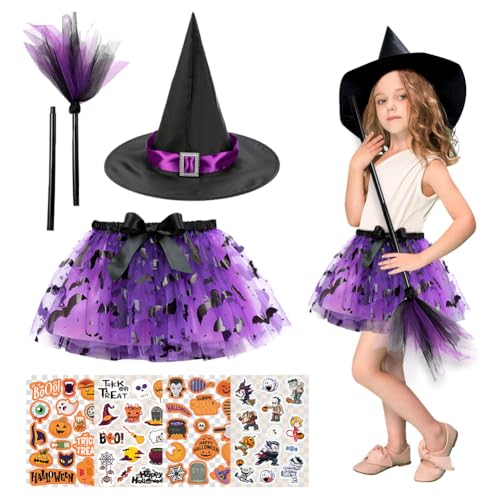 Hexenkostüm Kinder Mädchen, Halloween Kostüm, Zauberer Verkleiden Cosplay Set, Faschingskostüme Karneval, Mit Hexenhut, Hexenbesen Und 4 Aufkleber (Lila) von ZJILIXIA