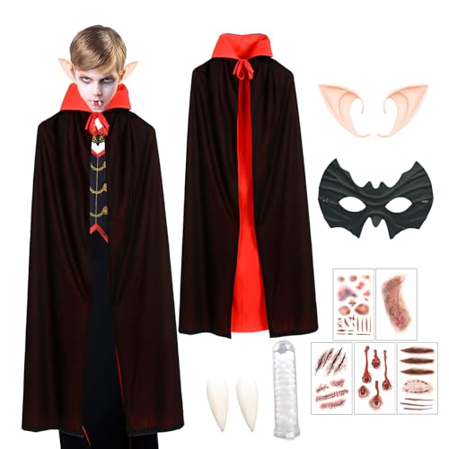 11 Stück Vampir Kostüm Kinder, Dracula Halloween Karneval Kostüm Kinder mit 90cm Vampir Umhang, Zähne,Fledermaus Maske, Elfenohren, Halloween Gothic Vampirkostüm Cosplay Set für Jungen Mädchen von ZJKUBOIS